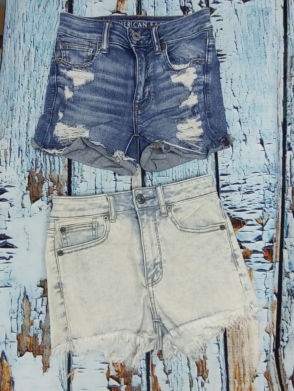 2 American Eagle Size 00 Distressed High Rise Stretch Denim Jean Shorts!